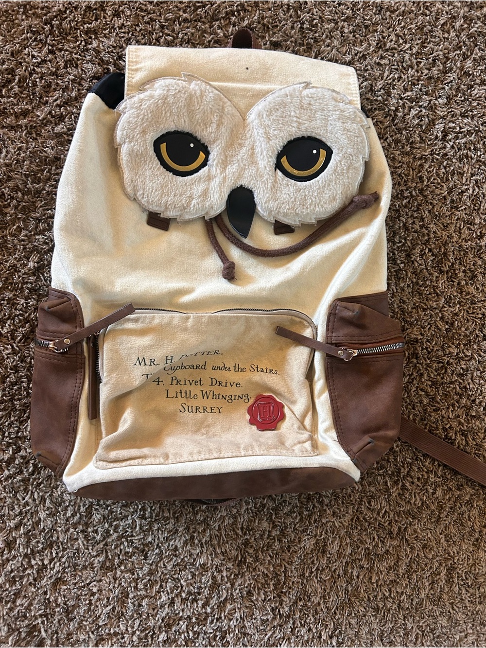 Harry Potter Hedwig Face Cream Canvas Backpack with Brown Accents